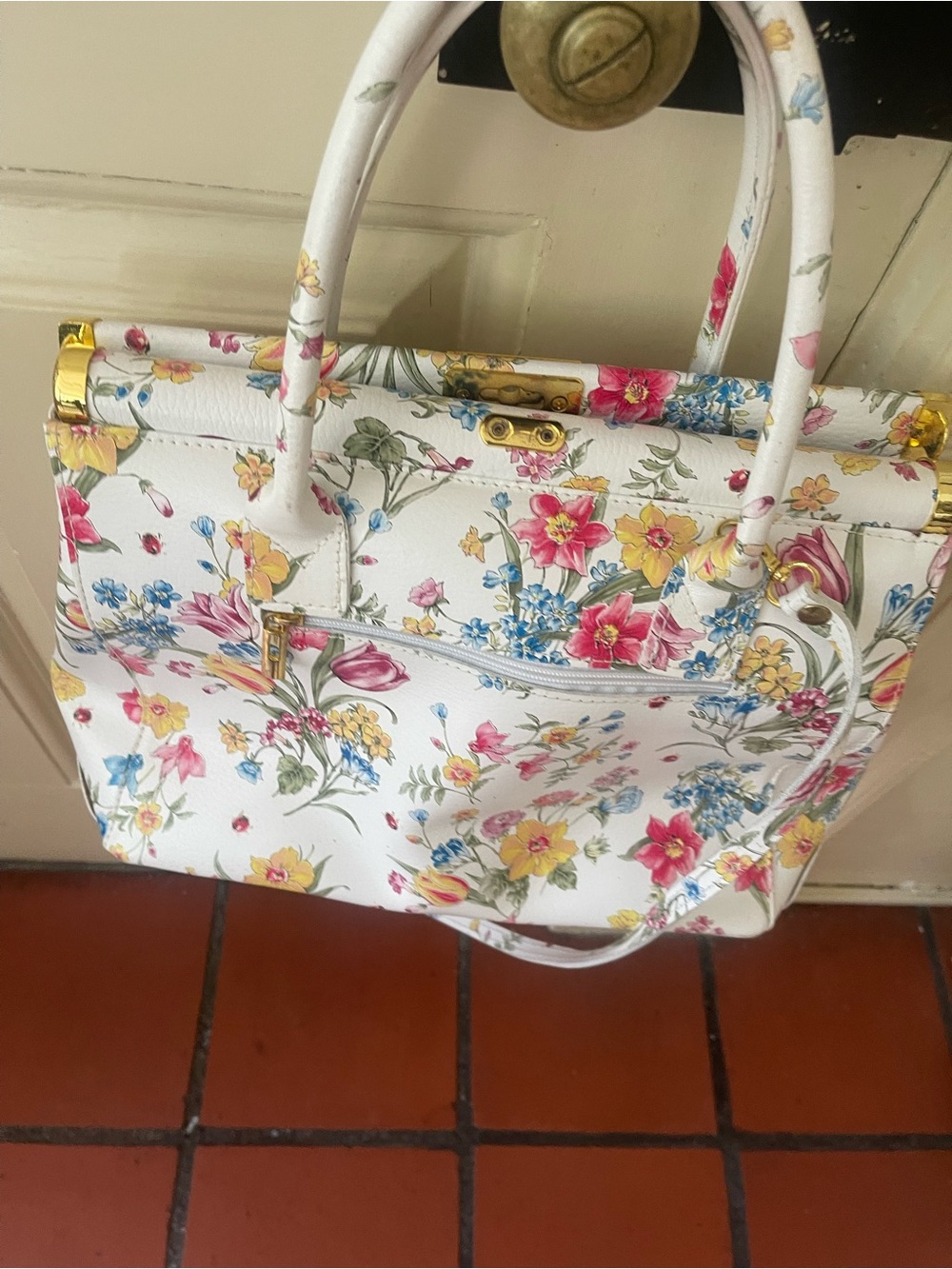 Floral Print White leather flowers Birkin style Handbag with Gold Hardware - Picture 7 of 7